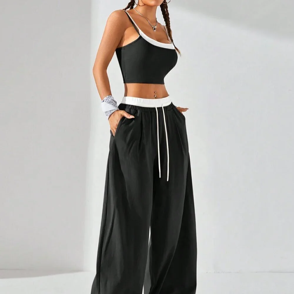 Black and White Casual Women's Sport Knit Tank Top & Sweatpants